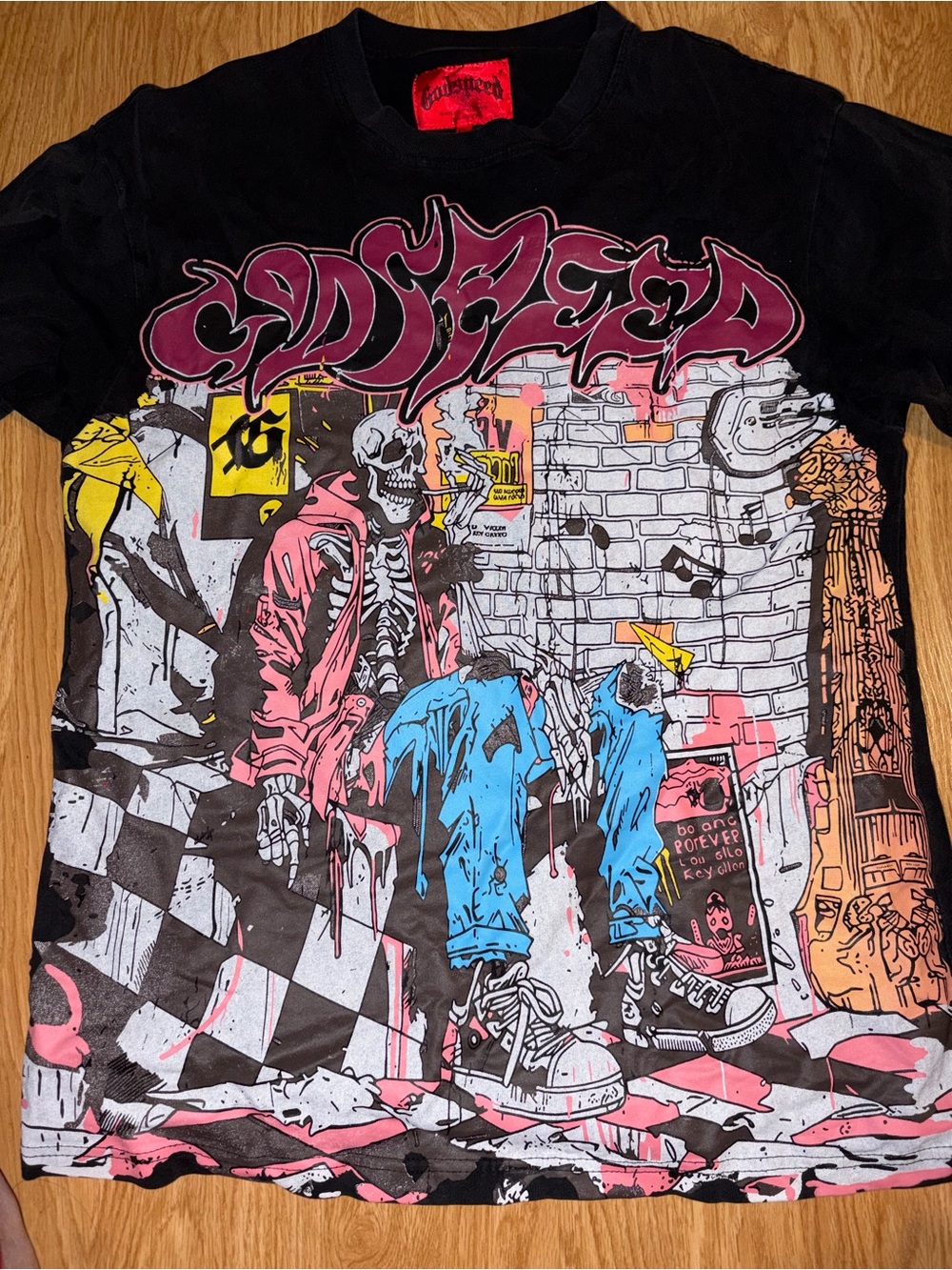 Black Graphic Skeleton Tee with Pink & Blue Street Art Print